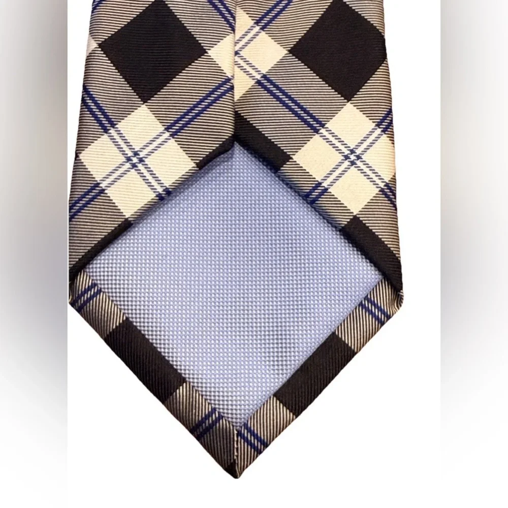 Tommy Hilfiger Silk Necktie Black White Blue Plaid Check Preppy